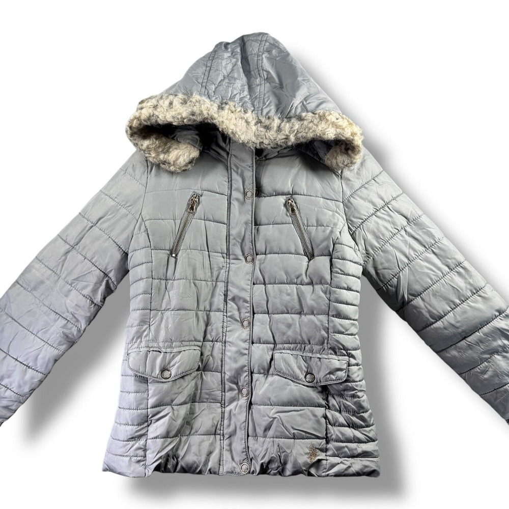 US Polo Assn Women Gray Puffer Jacket Hooded Faux Fur Trim Small